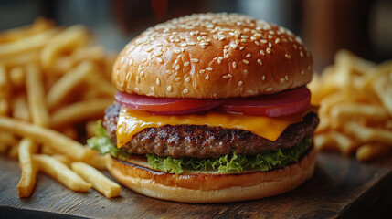 Delicious burger and fries on a wooden board in a restaurant