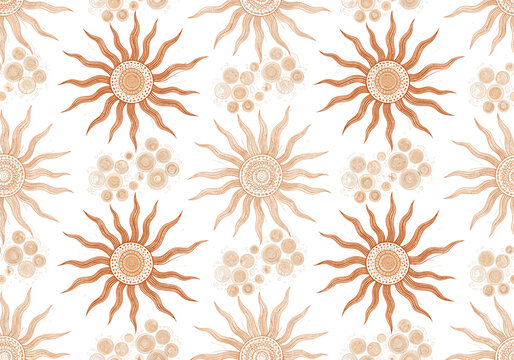 Seamless pattern in Toile de Jouy style featuring linear sun motifs with straight rays and rotated circle patterns, illustrated in fine vintage engraving with golden yellow, coral, beige, and ivory on