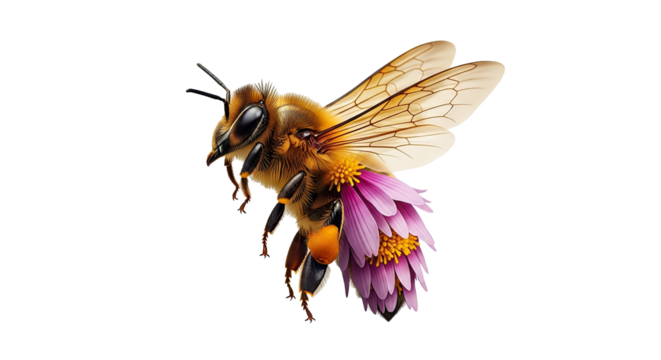 A detailed close up of a bee carrying a flower with its wings spread on a black background design