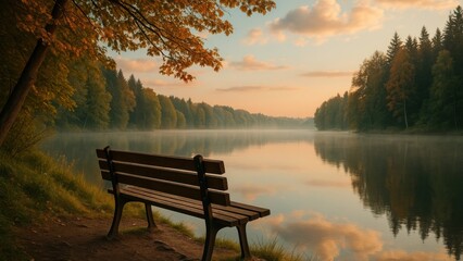 Fototapeta premium Serene autumn lakeside bench