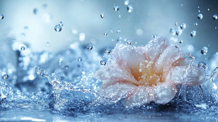 Delicate flower submerged in water splashes