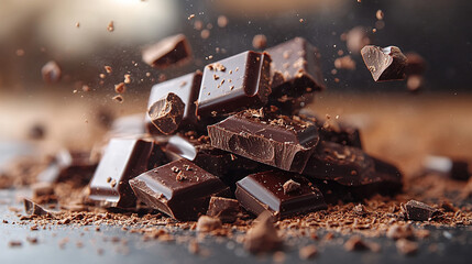 Dark chocolate pieces exploding in pile on dark surface