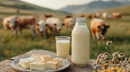 Dairy products on rustic table with cows in meadow