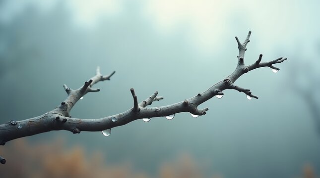 Bare tree branches emerge through a winter fog, their silhouettes stark against the cold, white sky