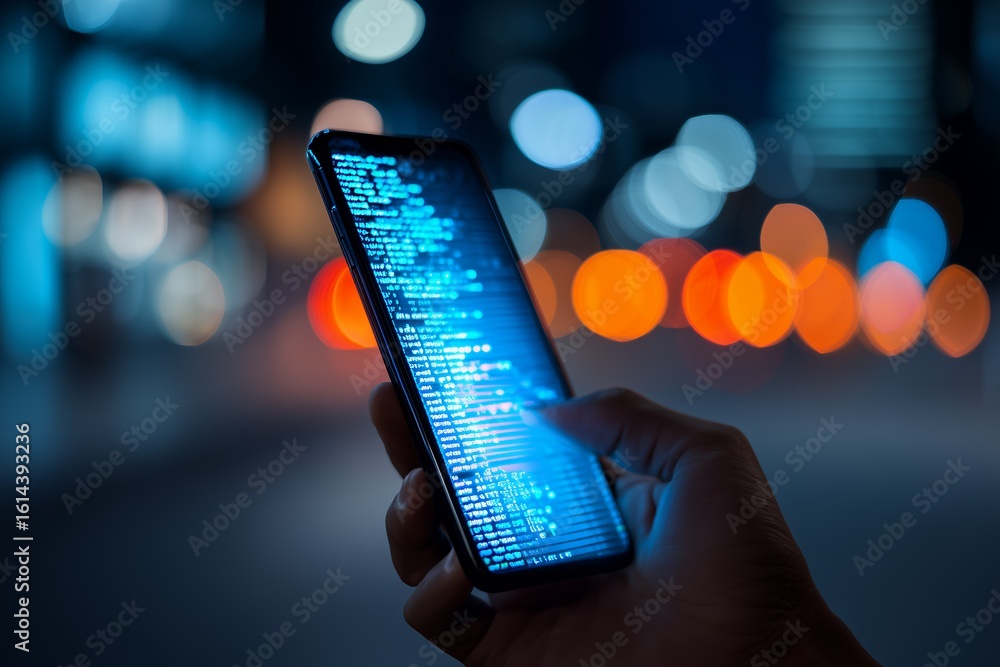 Poster hand holding smartphone displaying code in a city at night, concept for software development, mobile