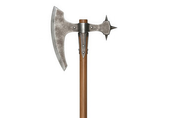 A medieval battle axe with a sharp blade and spikes on a wooden handle, isolated on a transparent background
