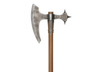A medieval battle axe with a sharp blade and spikes on a wooden handle, isolated on a transparent background