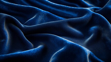 Macro image of deep blue velvet fabric with natural folds and detailed texture, capturing soft highlights and shadow play for premium use in textile design, fashion branding, or elegant backgrounds.