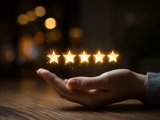 Close-up of a hand presenting five glowing gold stars against a blurred, bokeh background, concept for customer feedback evaluation, quality product control and service excellence affirmation.