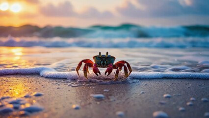A colorful crab on the shoreline, coastline sea with a stunning vibrant sunset and gentle rolling waves this is an exquisite beach scene captured in remarkable detail and natural beauty by the sea