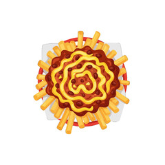 A top-down view of a basket of cheesy, chili-covered french fries.