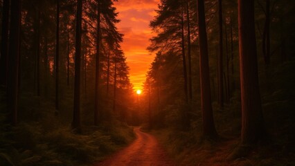 Serene forest sunset pathway view.