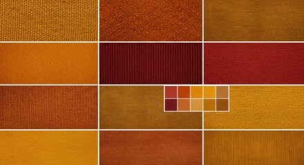 Fototapeta premium A collage showcases a spectrum of textured fabrics, each a different shade of orange, red, and yellow, including a swatch palette