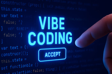 Obraz premium Glowing “ACCEPT” Button with Finger Interaction over JavaScript Background – Stylized Coding Interface with “VIBE CODING” Label and Humor-Infused Nested Logic