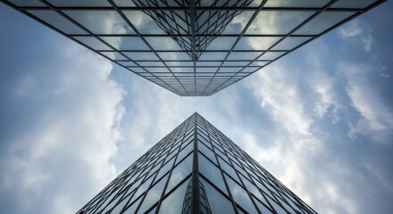 Low-angle perspective reveals two glass-clad skyscrapers reaching toward a cloudy sky, creating a mirrored effect of the building