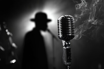 Classic vintage microphone with smoke and blurred man in fedora hat, concept for music recording, live performance, and jazz club promotion. Professional entertainer performance on stage