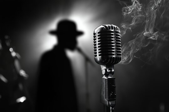 Classic vintage microphone with smoke and blurred man in fedora hat, concept for music recording, live performance, and jazz club promotion. Professional entertainer performance on stage