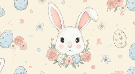 A cute cartoon bunny is centered in a floral wreath, scattered pastel eggs and flowers on a light beige background