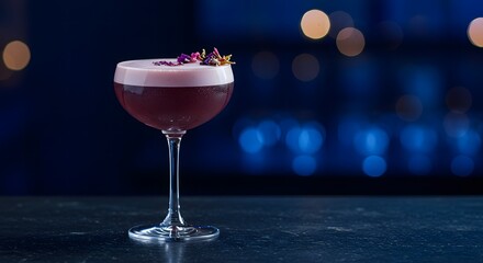 A close up of a purple cocktail with foam and flower garnish on a dark blue bokeh background scene