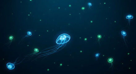 Abstract illustration of bioluminescent jellyfish in a dark ocean environment.