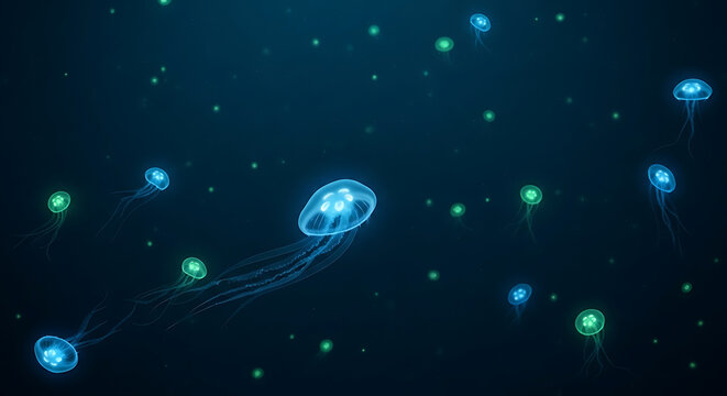Abstract illustration of bioluminescent jellyfish in a dark ocean environment. - Powered by Adobe