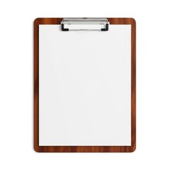 Wooden clipboard with blank white paper and metal clip