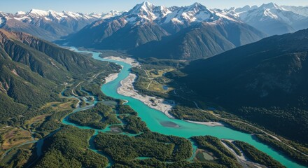 Aerial view of a turquoise river winding through a valley, framed by towering, snow-capped peaks and lush green forests