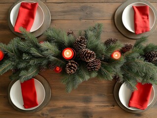 Elegant Christmas table setting with pine garland and red accents, festive atmosphere
