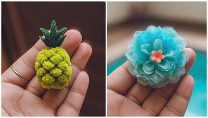Tiny Pineapple and Blue Flower in Hand