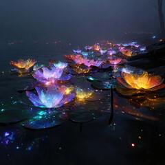 Obraz premium Immerse your designs in a magical festival of lights with these vibrant, glowing lotus flowers in multiple colors, floating on a mystical, dark pond at night. 