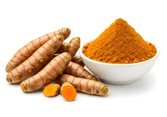 Golden Turmeric An inviting composition of fresh turmeric roots alongside a bowl brimming with vibrant, golden turmeric powder.
