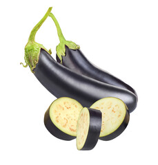 fresh eggplants on transparent background, whole and sliced