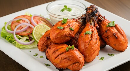 Chicken drumsticks on plate with salad