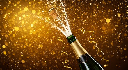 A champagne bottle popping open, with golden background. 