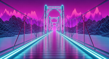 neon bridge over a vaporwave river with synthwave mountains in the distance