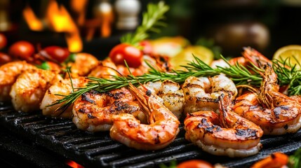 Grilled Shrimp with Fresh Herbs and Vegetables on Barbecue Grill