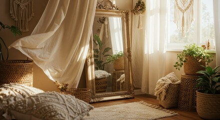 A sunlit bohemian bedroom displays an ornate mirror, flowing curtains, woven baskets, plush pillows, and potted plants creating a cozy, tranquil atmosphere