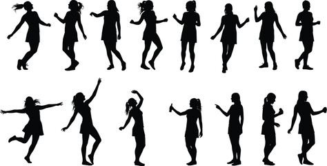 Cad drawing flat vector illustration of dancing women silhouettes, dynamic poses, monochrome style, artistic movement, black and white contrast