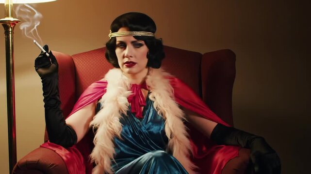 Woman in vintage attire seated in a red chair smoking a cigarette under a lamp's light