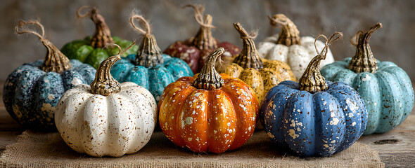 Collection of handmade plaster pumkins. Banner for autumn seasonal holidays background. DIY craft pumkins for helloween, thanksgiving, fall decoration