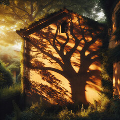 Tree canopy shadows on rustic stucco wall
