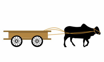 Illustration of a silhouette of a cow pulling a wooden cart on a white background.