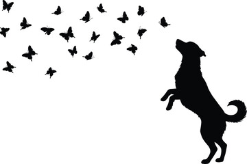Cad drawing flat vector illustration of playful dog with butterfly swarm, silhouette style, nature interaction, black white art concept