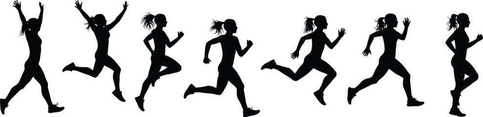 Cad drawing flat vector illustration of running woman silhouette, fitness exercise, athletic motion, dynamic pose, black white minimal design