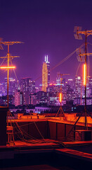city rooftop view with purple-orange skyline, glowing wires, and retro neon antennas