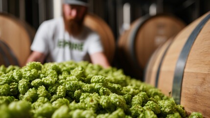 artisan brewer inspecting hops and beer barrels in rustic brewery 