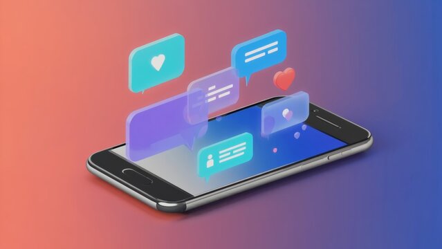 Floating heart icons and chat bubbles emerge from smartphone screen, visualizing the dynamic nature of social media interaction, online communication, messaging apps, and digital content sharing. - Powered by Adobe