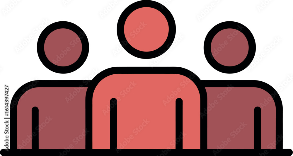 Poster illustration of three figures with circular heads and rectangular bodies in red and black outline