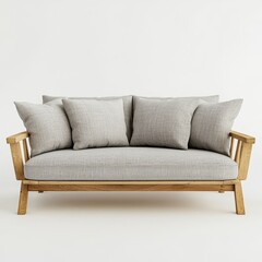 Fototapeta premium Rustic wooden sofa with four decorative cushions isolated on white background