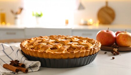 A delicious golden-crusted apple pie sits on a bright kitchen counter with fresh apples and spices.